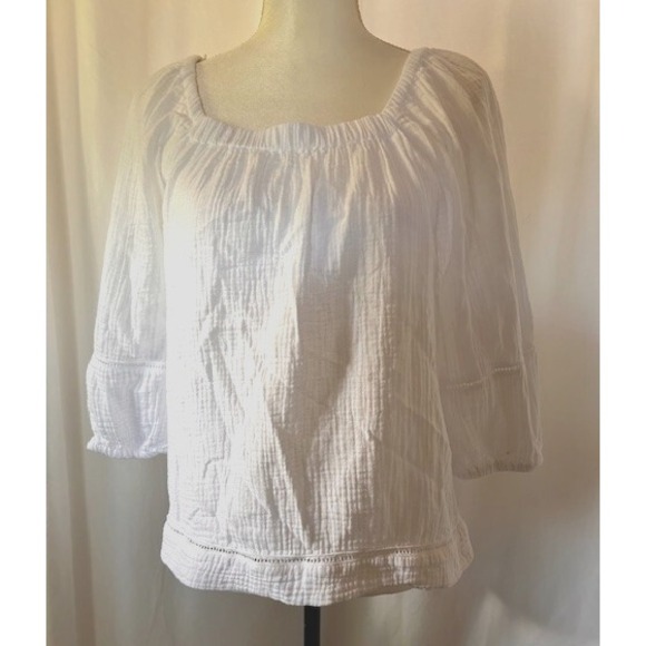 Nautica Women Size XS White Cotton Square Neck Elastic Boho Peasant Top Gauzy - Picture 8 of 9